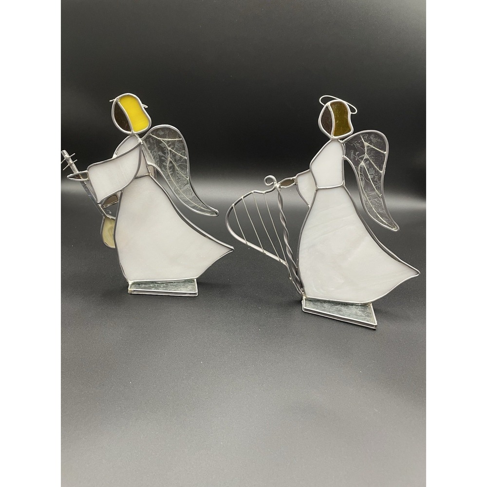 Vintage Stained Glass Angels With Instruments Set Of Two - Picture 12 of 14